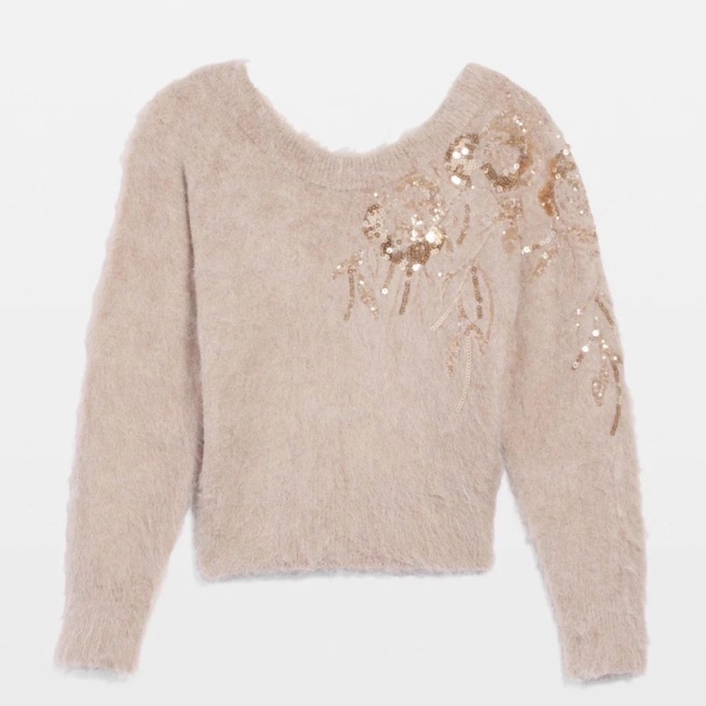 White House Black Market Fuzzy Sequin-Appliqué Crewneck Sweater - Beige